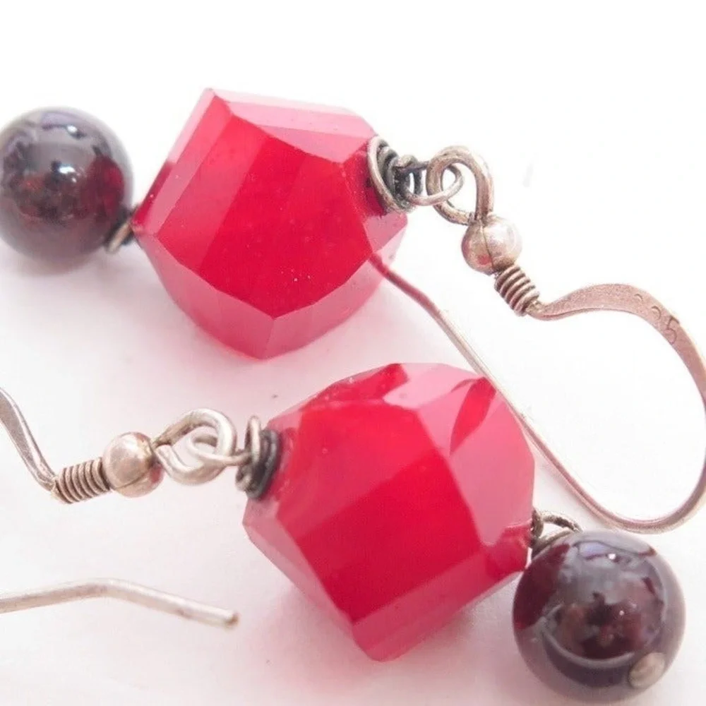 Bright Red Gemstone Sterling Silver‎ Drop  Dangle Earrings